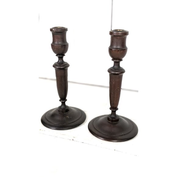 Vintage wooden spindle taper candlesticks set of 2 - Picture 4 of 6